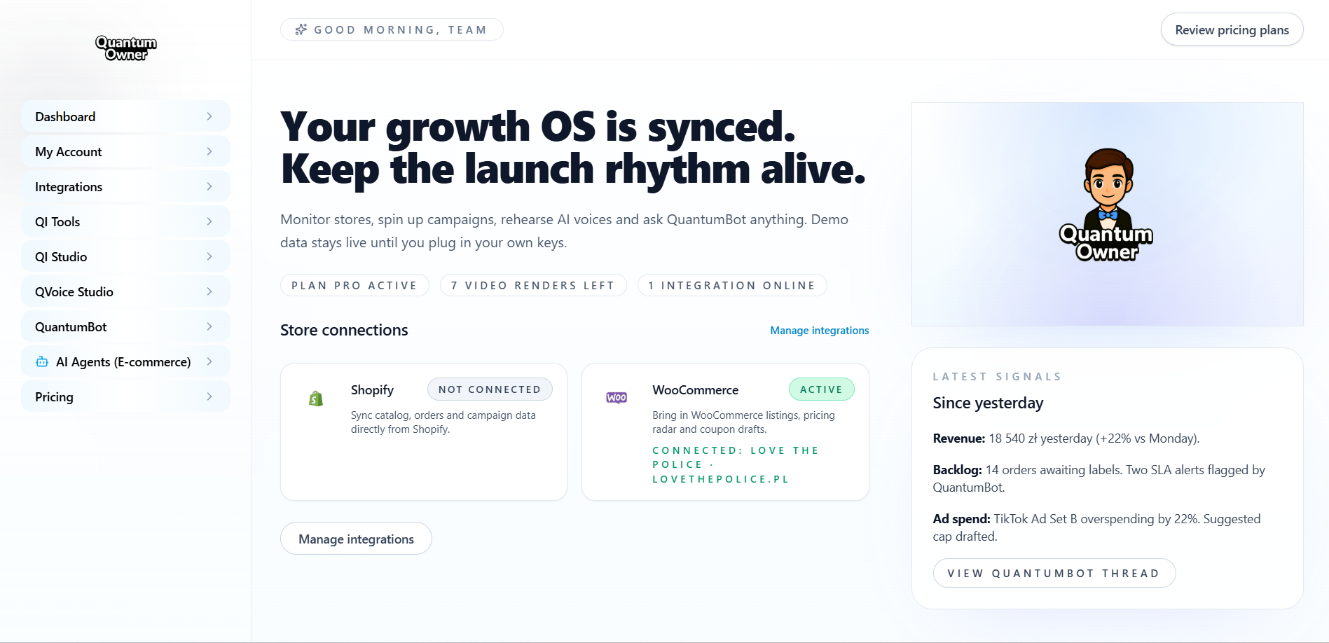 Dashboard platformy Quantum